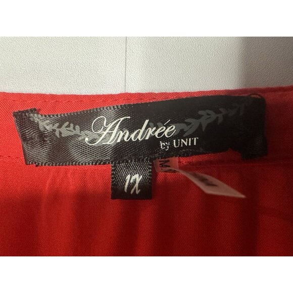 Andree by Unit Sz 1x V-Neck Top Roll Tab Red Embroidered Lace Boho Flowy - Picture 3 of 13